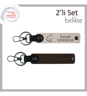 Tatlı Miyavlara Kalıcı Anı, Kedili Figürlü, Kişisel Anahtarlık Seti, Pudra-Koyu Kahve