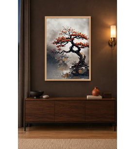 Kızıl Bonsai Sisli Mürekkep Ahşap Çerçeveli Duvar Tablosu