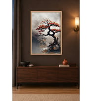 Kızıl Bonsai Sisli Mürekkep Ahşap Çerçeveli Duvar Tablosu