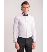 Beyaz Erkek Slim Fit Çizgili Ata Yaka Uzun Kol Gömlek