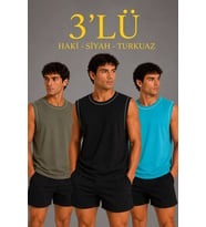 Erkek 3 lü Kolsuz Sporcu Atlet Seti Yazlık Bisiklet Yaka - Siyah, Haki, Açık Mavi