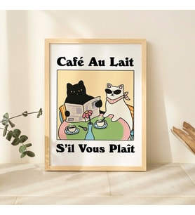 Fransız Cafe Au lait Kedi Baskı, Retro İçecek Posteri, Bistro Kahve Posterleri, Un Cafe Sil Vous Plait