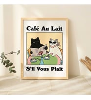 Fransız Cafe Au lait Kedi Baskı, Retro İçecek Posteri, Bistro Kahve Posterleri, Un Cafe Sil Vous Plait
