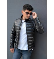 PRİFALDİ Erkek Dik Yaka Şişme Deri Mont Siyah
