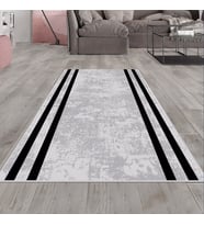Gri Geometrik Desen Yıkanabilir Kaymaz Taban Leke Tutmaz Modern Salon Halısı ve Yolluk (Siyah)