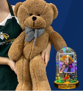 Kişiye Özel Renkli Led Işıklı Fanus ve Büyük Boy Kahverengi Peluş Ayıcık (Model 4)
