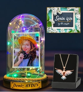 Size Özel Renkli Led Işıklı Fanus ve Gerçek Ametist Taşlı Renkli Anka Kuşu Kolye Hediye Seti DN1