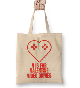 V Is for Video Games Valentine's Day Funny Design for Gamers Bez Çanta Uzun Saplı