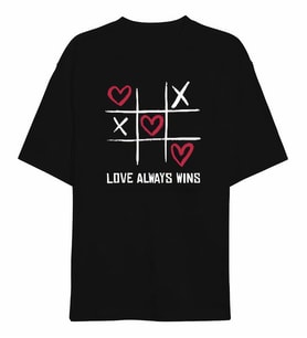 14 Şubat Sevgililer Günü Love Always Wins Baskılı Oversize Bisiklet Yaka T-shirt - Siyah