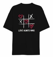 14 Şubat Sevgililer Günü Love Always Wins Baskılı Oversize Bisiklet Yaka T-shirt - Siyah
