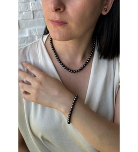 Siyah Doğal İnci Sıralı Kolye Bileklik Küpe Üçlü Set (Beyaz)