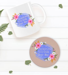 BK Gift Kişiye Özel Öğretmenler Günü Beyaz Kupa Bardak ve Yuvarlak Ahşap Bardak Altlığı Hediye Seti -4