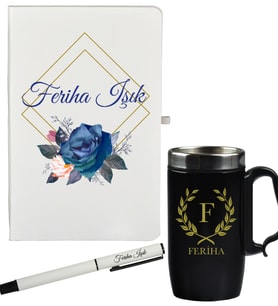 Kişiye Özel Çiçek Tasarımlı Hediye Defter Kalem Ve Siyah Termos Mug Seti