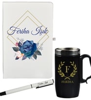Kişiye Özel Çiçek Tasarımlı Hediye Defter Kalem Ve Siyah Termos Mug Seti