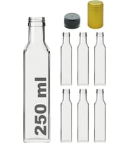 Kalın Cam Şişe Seti, 250 ml, Yağdanlık Akıtıcılı Kapaklı, Yağlık ve Sirkelik, Kapüşonlu, 6 Adet, Yeniden Kullanılabilir (Şeffaf, Maraska (Kare))