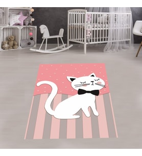 Kedili Halı Kedi Desenli Renkli Dijital Baskı Yıkanabilir Kaymaz Taban Bebek ve Çocuk Odası Halısı (Pembe)
