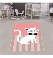 Kedili Halı Kedi Desenli Renkli Dijital Baskı Yıkanabilir Kaymaz Taban Bebek ve Çocuk Odası Halısı (Pembe)