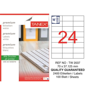 Tanex Lazer Etiket tw-2037 100 A4 Sayfa Laser Etiket 70x37,125 mm Boyutunda 1 A4 Sayfada 24 Etiket