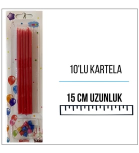 Pastel Kırmızı Uzun Pasta Mumu 15 cm 10'lu