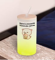 BK Gift Esprili Tasarım Sarı Renk Pipetli Buzlu Cam Bardak 600ml - 4, Arkadaşa Hediye, Doğum Günü Hediyesi