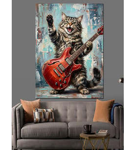 Gitar Çalan Neşeli Tekir Kedi Dekoratif Kanvas - Mdf Ahşap Tablo