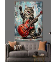 Gitar Çalan Neşeli Tekir Kedi Dekoratif Kanvas - Mdf Ahşap Tablo