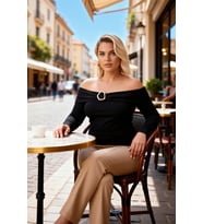 Kadın Büyük Beden Bluz Carmen Yaka Standart Uzun Kol Düz Desen Ribana Örme Kumaş Regular