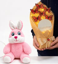 Peluş Pembe Tavşan ve Led Işıklı Aynalı Kırmızı Kelebek Buketi Hediye Seti
