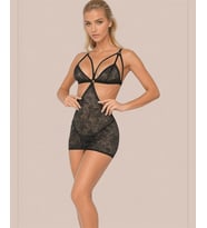 Kadın Tasarım Simli Kumaşlı Cut-out Detaylı Transparan Mini Gecelik String Takım-5160 (Siyah)