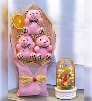 Büyük Pembe Peluş Ayıcık Buketi ve Led Işıklı Kalp Tutan Çiftli Fanus  Ayıcık Buketi