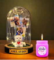Kişiye Özel Hediye Seti  Led Işıklı İsimli ve 3 Fotoğraflı Fanus & Kokulu Mum (Model 3)