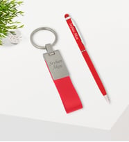 BK Gift Kişiye Özel Kırmızı Touchpen Tükenmez Kalem ve Deri Anahtarlık Hediye Seti