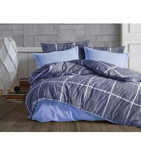 Lüks%80 Pamuklu Çift Kişilik Nevresim Takımı Seti Yorgan Kılıfı Mavi Lacivert Kare Beyaz Çizgi Desen 200x220 cm + Lastikli Battal Boy Çarşaf 180x200x30 cm +2 Yastık Kılıflı 50x70 cm