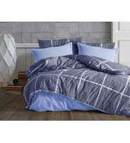 Lüks%80 Pamuklu Çift Kişilik Nevresim Takımı Seti Yorgan Kılıfı Mavi Lacivert Kare Beyaz Çizgi Desen 200x220 cm + Lastikli Battal Boy Çarşaf 180x200x30 cm +2 Yastık Kılıflı 50x70 cm