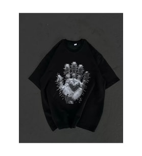 Unisex Bisiklet Yaka Baskılı Oversize T-Shirt - Siyah