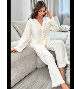 Fantezia Night Kadın Beyaz Önden Bağlamalı Kolu ve Paçası Fırfır Detaylı Uzun Kollu Pijama Takımı
