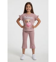Pudra Karakter Baskılı Tişörtlü Fitilli Pantolonlu Kız Çocuk 2li Takım 23832