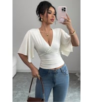 Kadın Kruvaze Yaka Yarasa Kol Likralı Şık T-Shirt