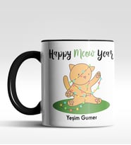 Kişiye Özel Happy Meow Year Kedi Tasarımlı Siyah Kupa (Siyah)