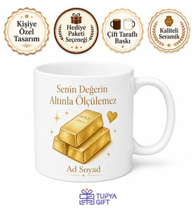 Altın Külçesi Çizimli Değerli İnsanlara Altın Kalpli Hediye Kupa Bardak