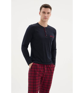 %100 Pamuk Yeni Sezon Midi Yaka Modern Tasarım Pijama Takım (Lacivert)