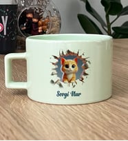 Kişiye Özel 3D Efektli Kedi Hediye Pastel Fincan İsimli İsim Yazılı (Yeşil)