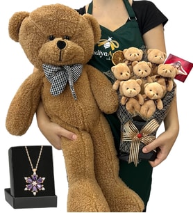 Fotoğraflı 7'li Peluş Ayıcık Buketi, Gerçek Ametist Taşlı Lotus Kolye ve Kahverengi Ayıcık (Model 4)
