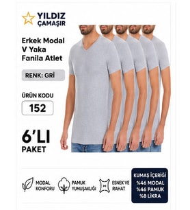 Yıldız Çamaşır Erkek V Yaka Kısa Kol Modal Likralı Fanila Atlet (150-151-152-153 ) - 6 Adet