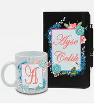 Kişiye Özel Siyah Ajanda Defter & Beyaz Kupa & Roller Kalem Hediye Seti