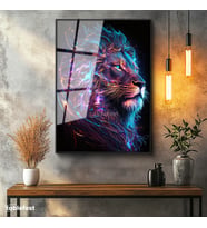 Siyah Renk Metal Çerçeveli Tamperli Cam Tablo Neon Çizgisel Aslan Tablosu Duvar Dekoru