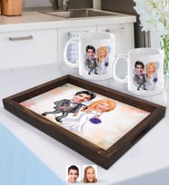 BK Gift Kişiye Özel Evleniyoruz Karikatürlü Doğal Ahşap Tepsi ve 2’li Kupa Bardak Seti-6