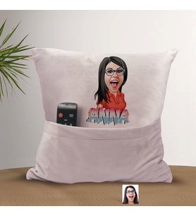 BK Gift Kişiye Özel Kadın Karikatür Tasarımlı Organizer Kumanda ve Atıştırmalık Cepli Pembe Kırlent Yastık-1 Arkadaşa Hediye, Cepli Yastık