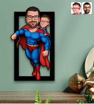 BK Gift Kişiye Özel Süper Baba-Çocuk Karikatürlü 3D Ahşap Tablo-4, Babalar Günü Hediyesi, Babaya Hediye