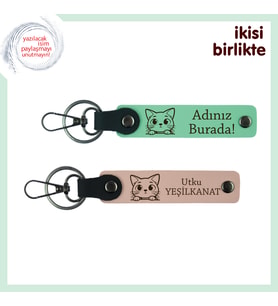 Minik Patilerin İzini Üzerinde Taşı, Kişiye Özel Kedili Deri Anahtarlık, Açık Yeşil-Yavru Ağzı